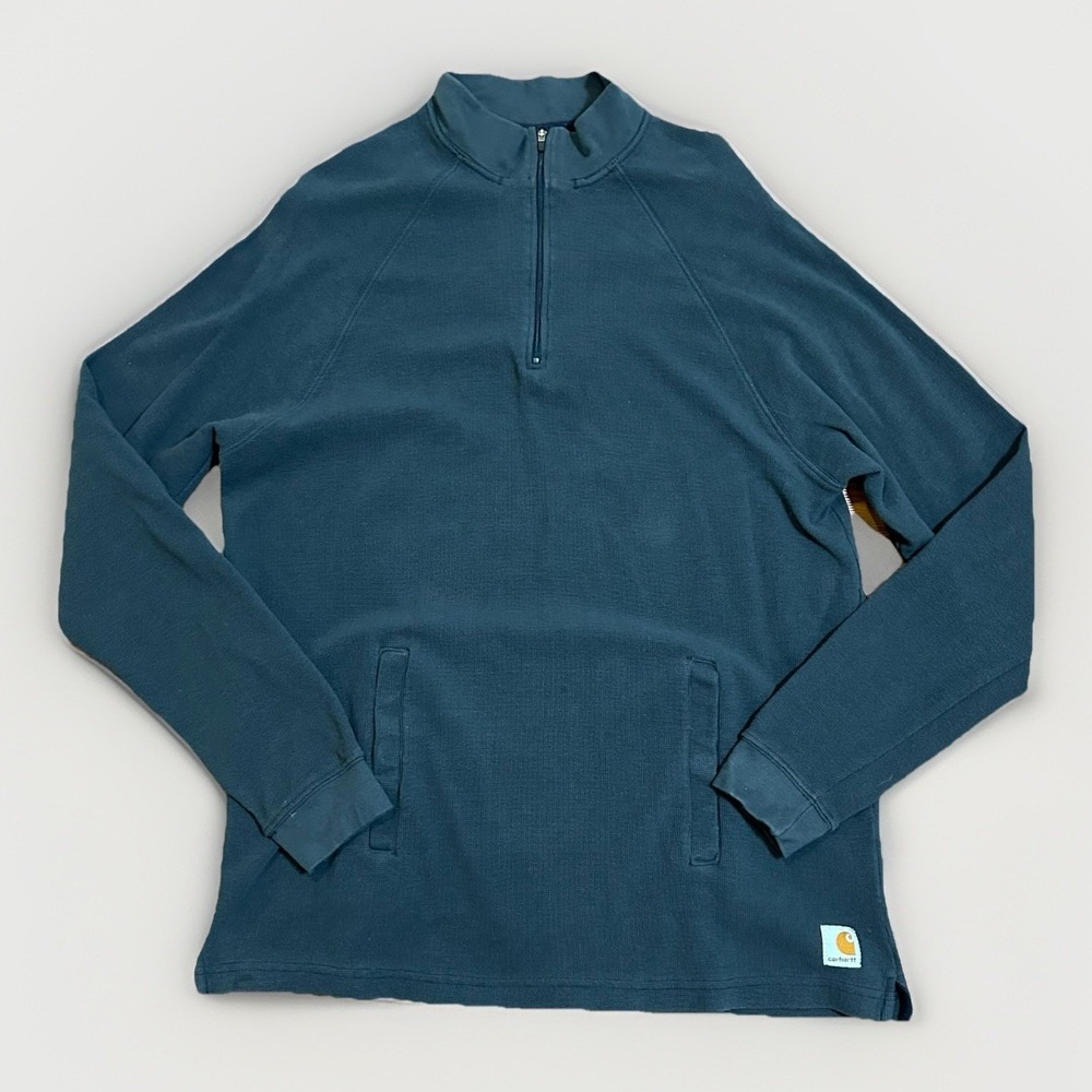 Vintage Carhartt Textured Quarter Knit Zip Mock Shirt‎ Heavyweight Blue Men's LG